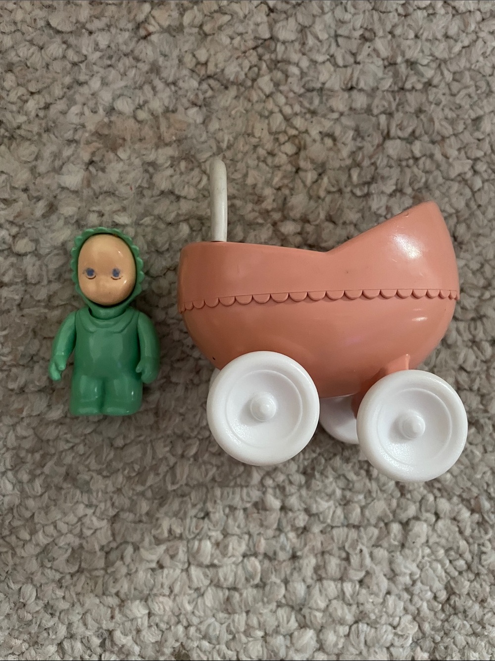 Vintage little tikes Kids Toy Doll with Pink Stroller and Green Doll